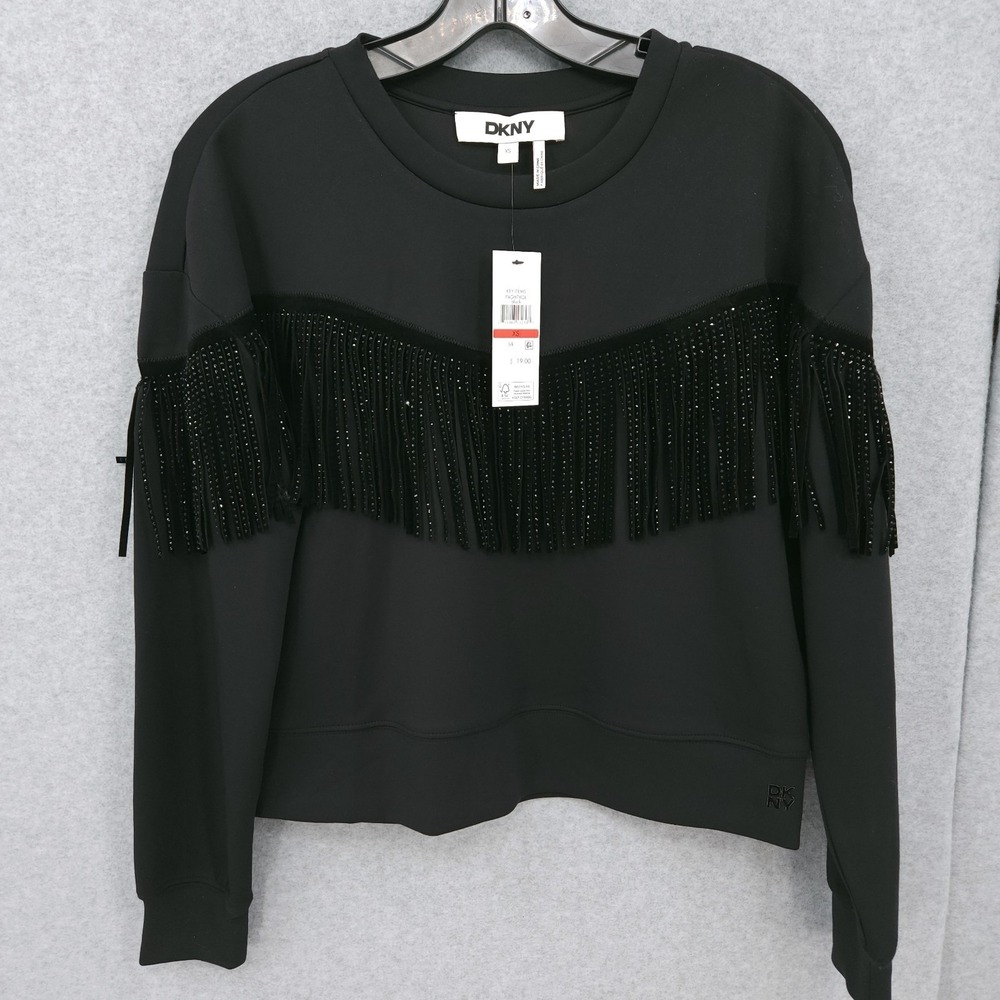 DKNY Long Sleeve Studded Fringe Pullover Black Crewneck Sweatshirt Womens XS NWT